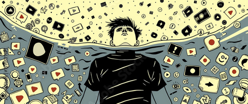 Halftone illustration of a user drowning in a scroll ocean of autoplay videos, ads, and dancing icons — feed fatigue.