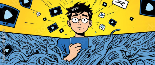 Stylized comic illustration of a person holding their head, surrounded by spinning play buttons and message icons. Background split in two: a calm yellow above, stormy blue digital flood below.

