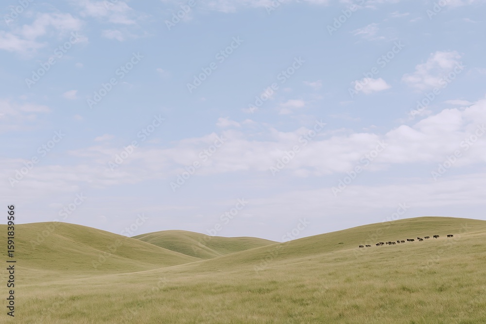Obraz premium Serene open landscape with rolling green hills under a partly cloudy sky in natural scenery.