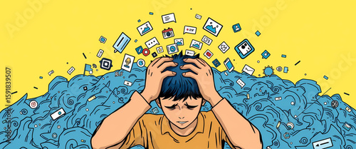 Stylized comic illustration in 8K showing a figure holding their head in distress, encircled by rotating message icons and app symbols. Top half is serene yellow.