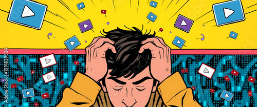 Stylized comic illustration of a person gripping their temples, overwhelmed by spinning play buttons and notification icons. Background split: tranquil yellow sky above, glitchy blue torrent of data.