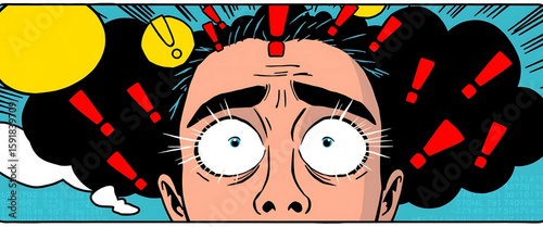 Stylized comic art showing a person staring blankly, eyes flickering with static, overwhelmed by spinning thoughts in the form of red exclamation marks. 