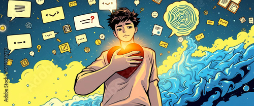 High-resolution 8K comic art of a person holding their heart, surrounded by looping message icons and spiraling thoughts. Yellow optimism glows above; digital confusion and blue despair flood below.

