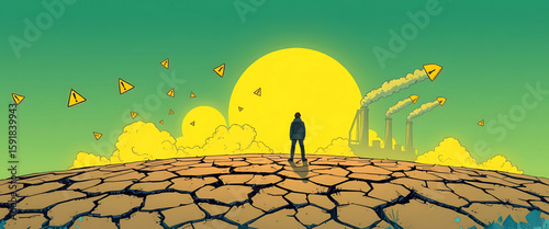 High-res comic illustration of a figure standing on cracked earth, surrounded by flying warning icons and factory smoke. Top: hopeful yellow atmosphere; bottom: polluted blue wasteland with glitching.