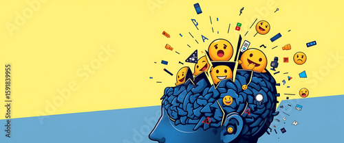 High-quality 8K stylized comic of a fragmented head, each piece spinning with emojis, alerts, and static. Above: soft yellow calm. Below: dense blue confusion, symbolizing fractured state of mind.

