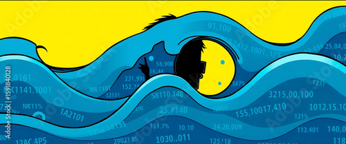 Stylized 8K comic of a figure drowning in blue data waves made of pollution metrics and thermometer symbols. Only their head remains above the calm yellow horizon.

