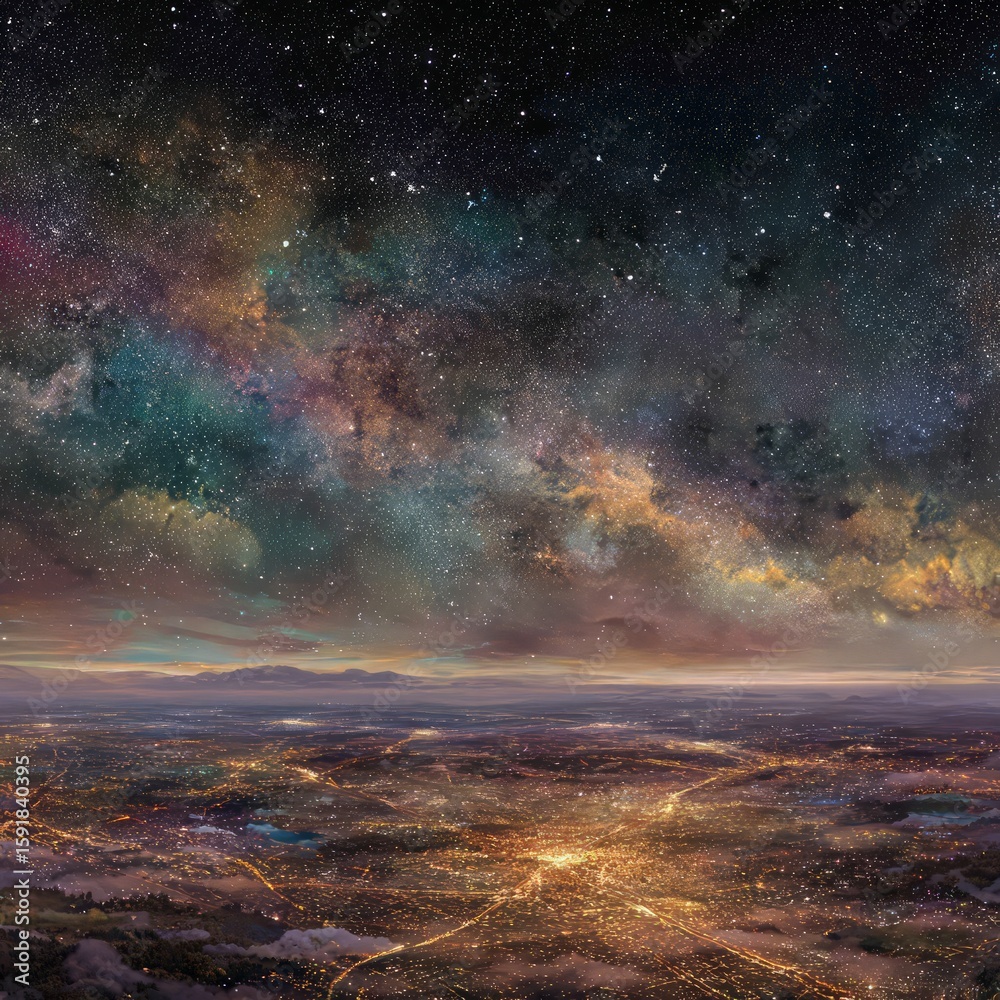 Naklejka premium Cityscape At Night Under A Starry Colorful Sky