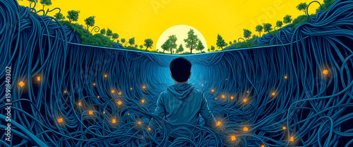 Comic-style 8K artwork of a person sinking into a field of data cables, while trees grow out of their back. Top half radiates peaceful yellow; bottom floods with tangled blue wires and warning lights.
