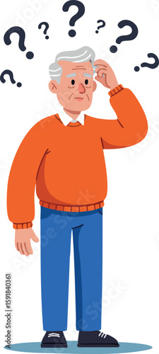 Confused elderly man scratching head surrounded by question marks vector illustration