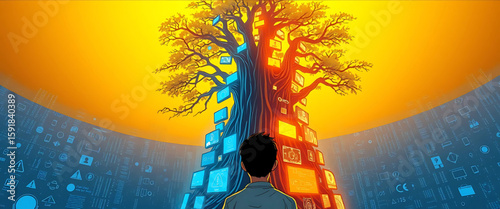 8K comic illustration of a person watching as a tree slowly transforms into a glowing tower of screens. Top background radiates golden yellow, while the bottom floods with deep blue digital static.