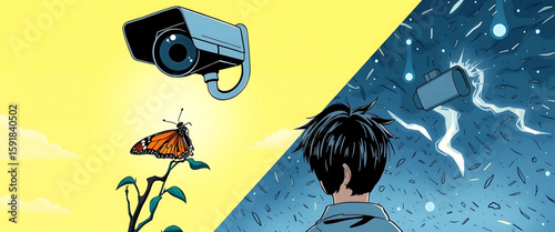 8K comic of a butterfly trying to land on a security camera growing from a branch, while a person watches silently. Background split into peaceful yellow sky and noisy, corrupted blue storm.


