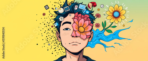 8K stylized comic of a person dissolving into pixels on one side and blooming flowers on the other, with swirling icons of tech and nature in orbit. 