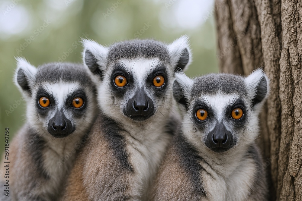 Fototapeta premium Close-up of three young ring-tailed lemurs with striking orange eyes in a natural forest environment.