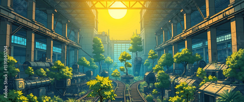 
High-quality comic in 8K of an abandoned factory now filled with trees growing through broken drones and conveyor belts. Above glows yellow hope.