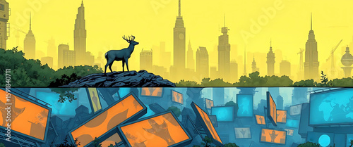 8K comic artwork of a futuristic city collapsed and overtaken by nature, with deer standing atop fallen digital billboards. Top half is calm yellow regeneration.