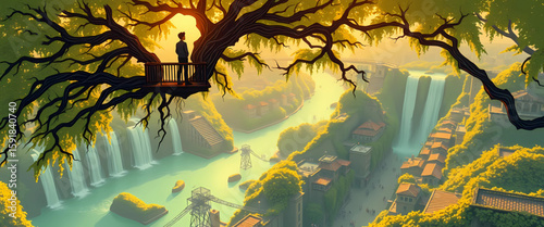 8K stylized comic of a person standing on a balcony made of tree branches, overlooking a city rebuilt in vines and waterfalls. Above glows golden yellow peace.