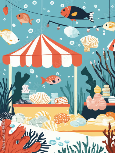 Underwater scene showing sea creatures exchanging goods, ideal for educational storytelling visuals, children’s learning posters and seasonal classroom decor