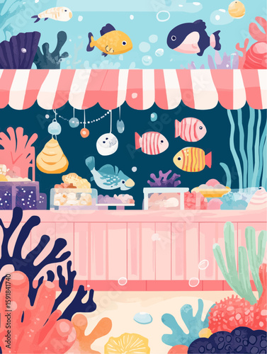 Playful underwater market scene with smiling fish selling shells and seaweed, designed for nursery wall art, children’s decor and summer-themed baby visuals