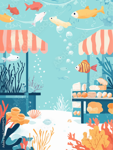 Cute sea creatures at a coral market, trading pearls and shells, perfect for printable tags, DIY kits and creative children's visuals
