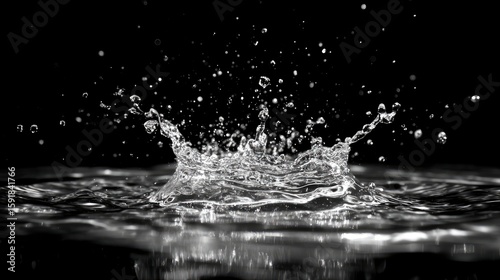 A dynamic, high-speed shot captures water droplets suspended momentarily in air against black.