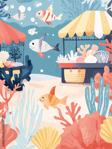 Minimal sea market with marine animals and coral stalls, ideal for summer packaging, product labels and ocean-themed kids goods
