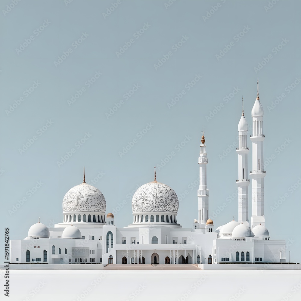 Naklejka premium Majestic white mosque with domes and minarets against a clear blue sky, showcasing architectural beauty
