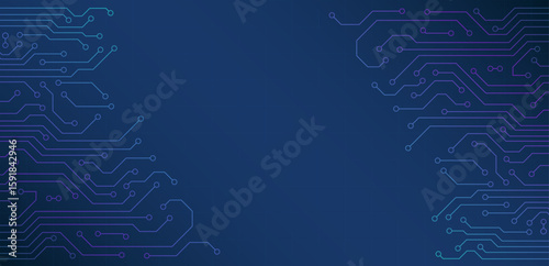 Flat magenta microelectronics circuit board banner isolated on blue background. The geometric texture of modern digital technology, computer, motherboard, or high-tech technology. Vector illustration