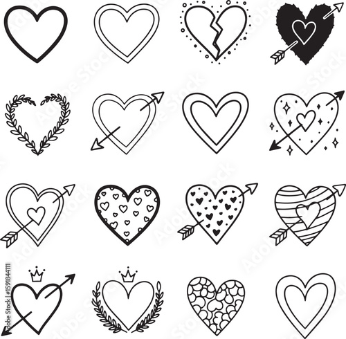 Doodle Hand-Drawn Heart Icons in Various Styles