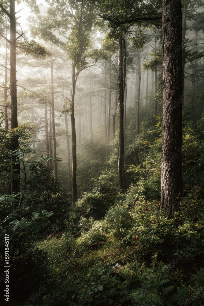 Naklejka premium breathtaking summer sunrise unfolds in misty forest where soft rays of sunlight pierce through trees