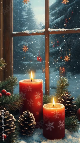 A cozy winter scene featuring red candles placed on a snowy windowsill. The view includes frosted trees and festive decorations, evoking warmth and holiday spirit.