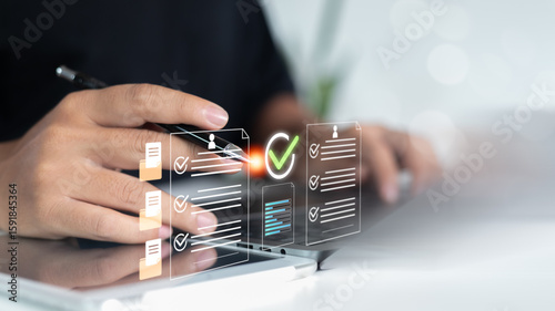 Cuadro en lienzo Hand reviewing resumes and documents on a virtual interface with a checklist and approval icon, HR digital recruitment, resume screening system, and applicant evaluation in the business process