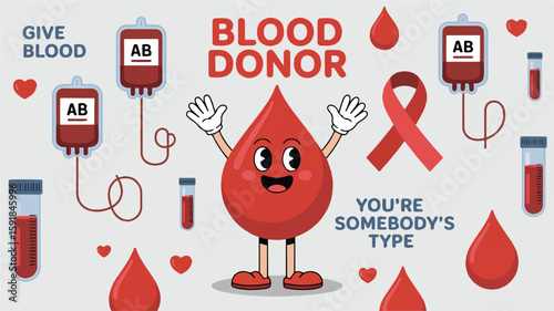 Cartoon blood drop character waving with blood bags and test tubes