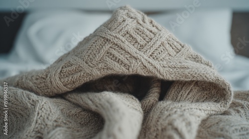 Cozy beige knitted blanket with intricate patterns on a bed, relaxed mood