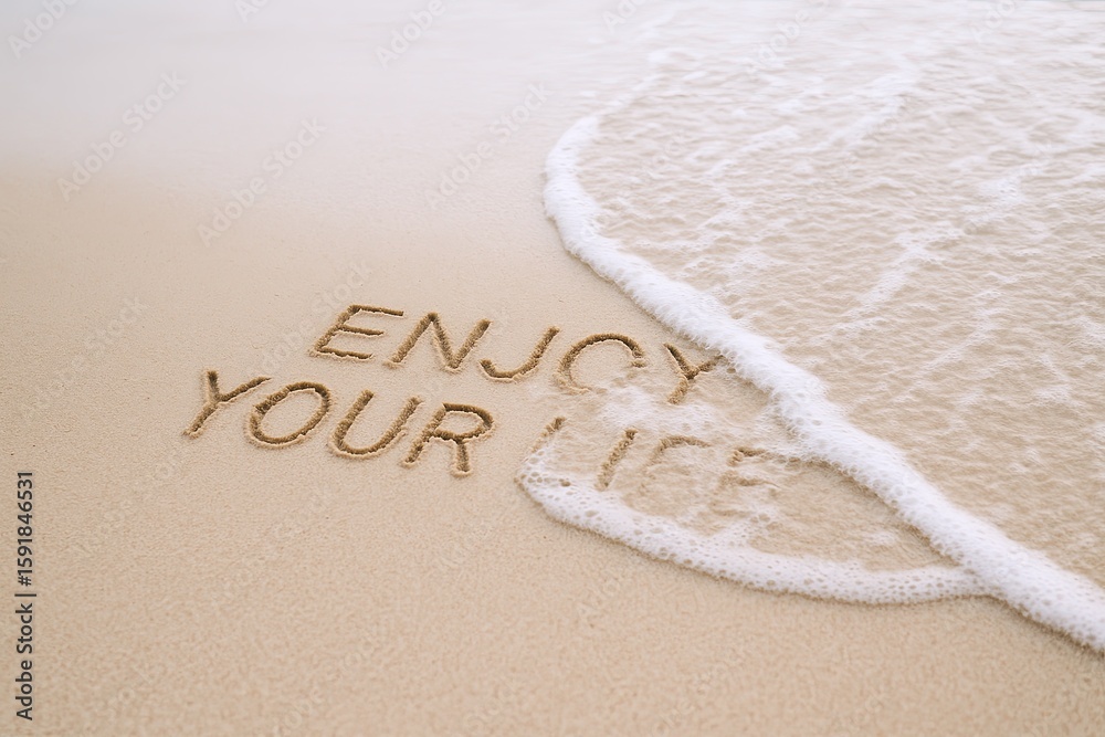 Fototapeta premium Enjoy Your Life Written in Sand on Beach with Ocean Wave at Shore.