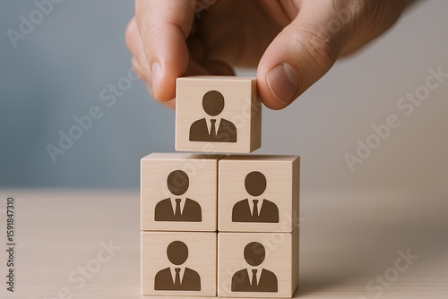 Hand stacking wooden blocks with professional icons representing teamwork collaboration.