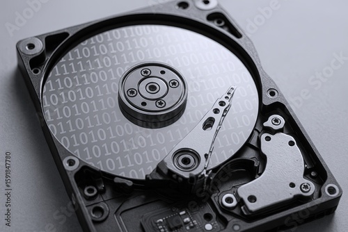 Close-up of an open hard disk drive with binary code background and mechanical components.