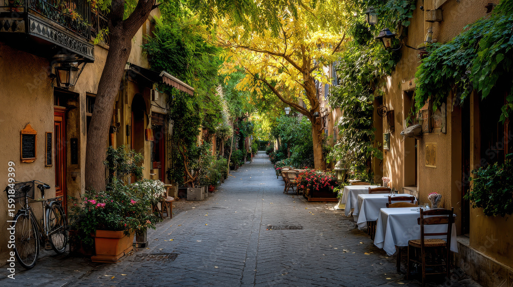 Fototapeta premium serene scene essence of european capital with empty streets where quaint cafes and elegant restaurants line