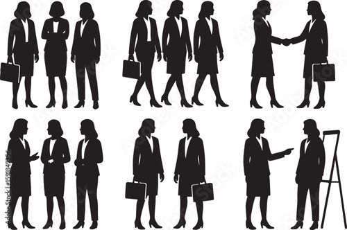 Businesswomen Silhouettes Set – 6 Professional Female Group Poses Isolated on White Background