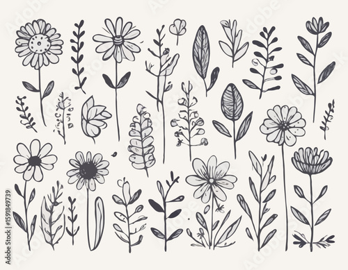 Doodle ink floral sketch set, vector flower brushstroke collection, hand drawn organic icon kit. Abstract naive botanical outline modern spring decoration design element. Doodle floral texture clipart