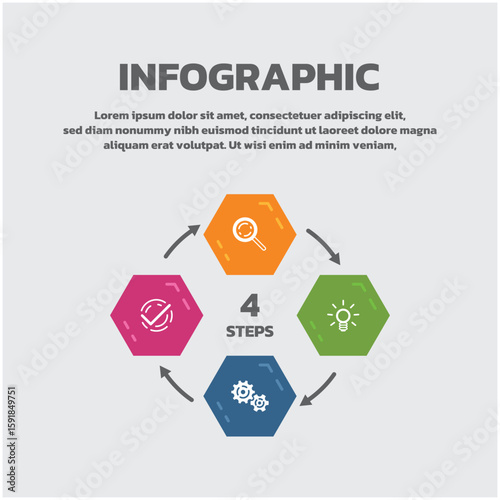 Colorful Hexagon 4 Steps Infographic Design with Icons – Vector Template for Presentation or Workflow