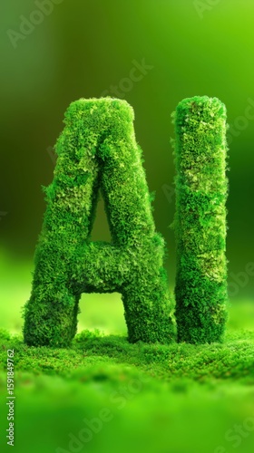 Creative display of green moss letters symbolizing artificial intelligence in a lush natural setting