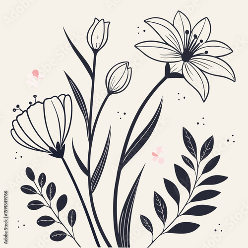 Doodle ink floral sketch set, vector flower brushstroke collection, hand drawn organic icon kit. Abstract naive botanical outline modern spring decoration design element. Doodle floral texture clipart