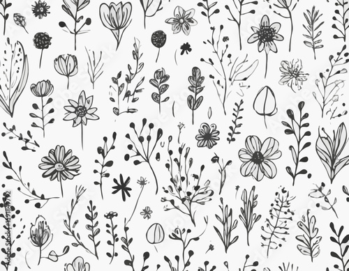 Doodle ink floral sketch set, vector flower brushstroke collection, hand drawn organic icon kit. Abstract naive botanical outline modern spring decoration design element. Doodle floral texture clipart
