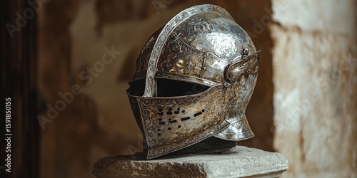 Intricately carved medieval knight helmet resting on stone pedestal in outdoor setting with blurred autumn foliage background. Generative by AI.