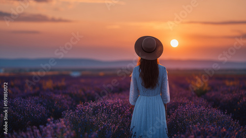 Woman Watching Sunset in Lavender Field Seeking Peace and Serenity