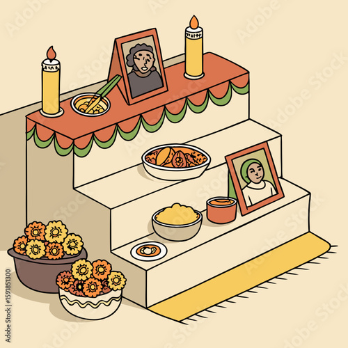 Cartoon day of the dead dia de los muertos mexican ofrenda altar featuring marigold flowers, food, candles, sugar skulls and photos of ancestors symbolizing remembrance, culture, and ancestral respect