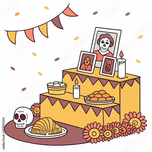 Cartoon day of the dead dia de los muertos mexican ofrenda altar featuring marigold flowers, food, candles, sugar skulls and photos of ancestors symbolizing remembrance, culture, and ancestral respect