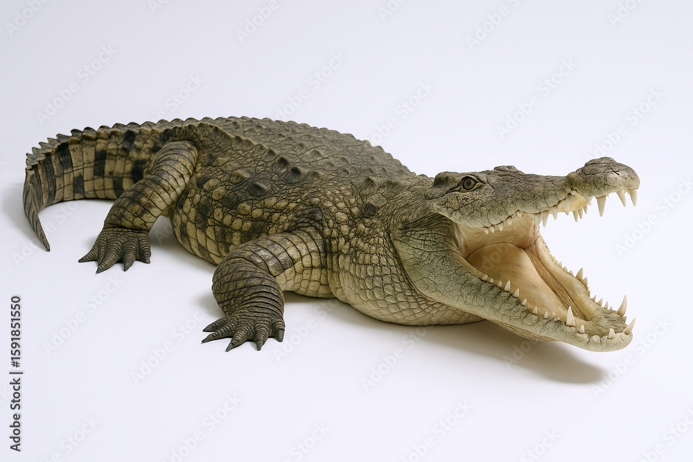 Naklejka premium Large aggressive crocodile with open mouth showing sharp teeth on plain white background.
