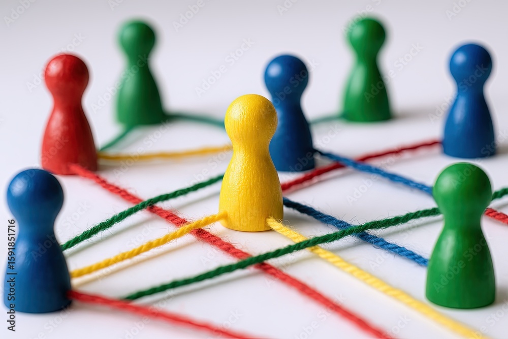 Obraz premium Colorful interconnected game pieces arranged in a network on a white background.