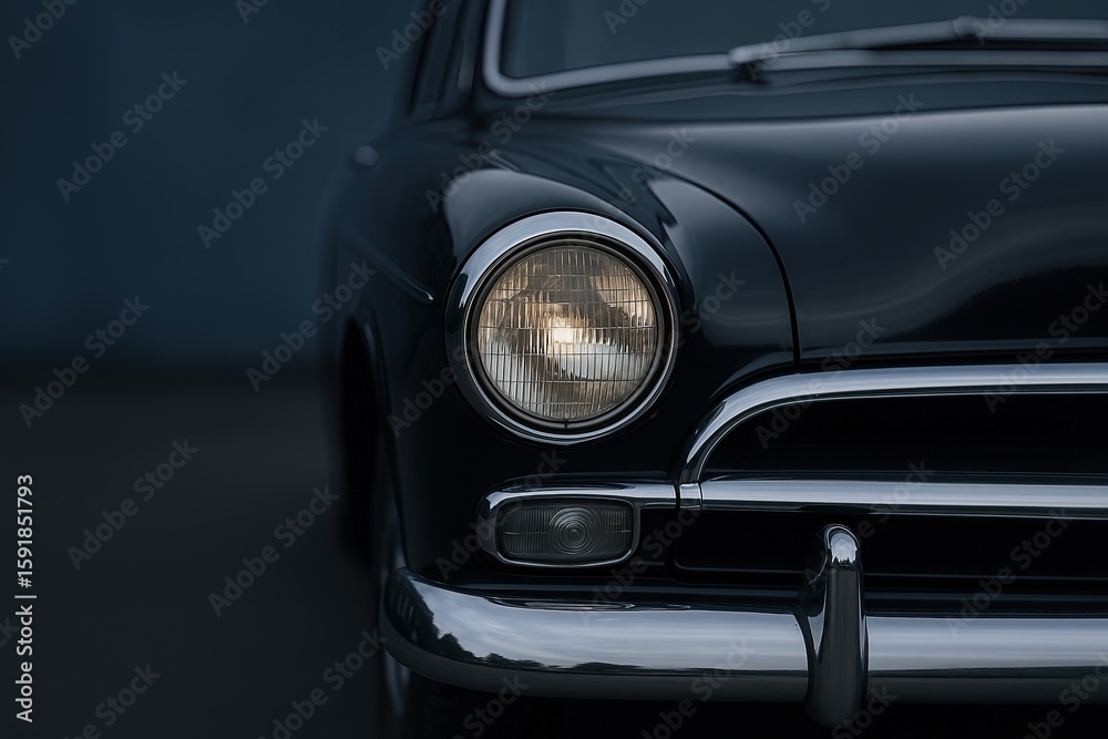 Fototapeta premium Classic vintage black car front close up with shiny chrome details and round headlight.